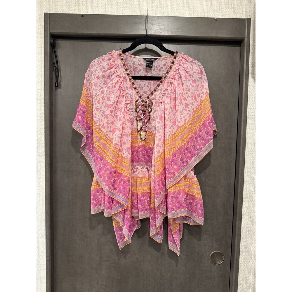 Moda International Floral Paisley Beaded Beach Hippie Y2k Boho Blouse Women M